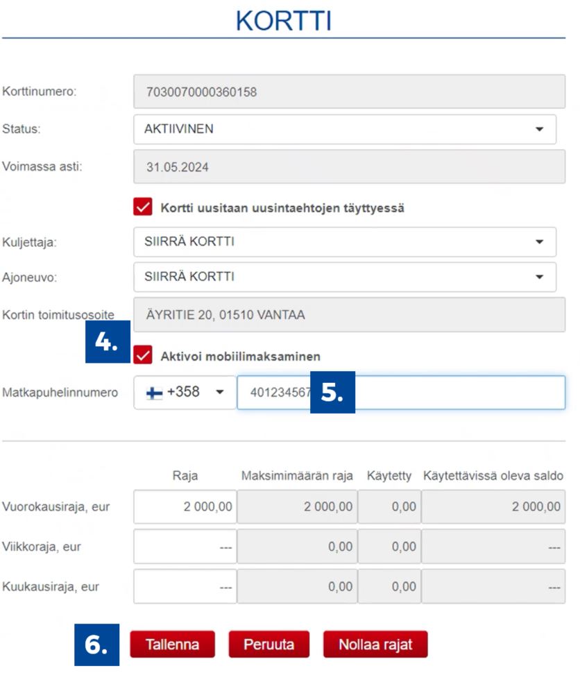 Aktivoi. Lisää numero. Tallenna. 
